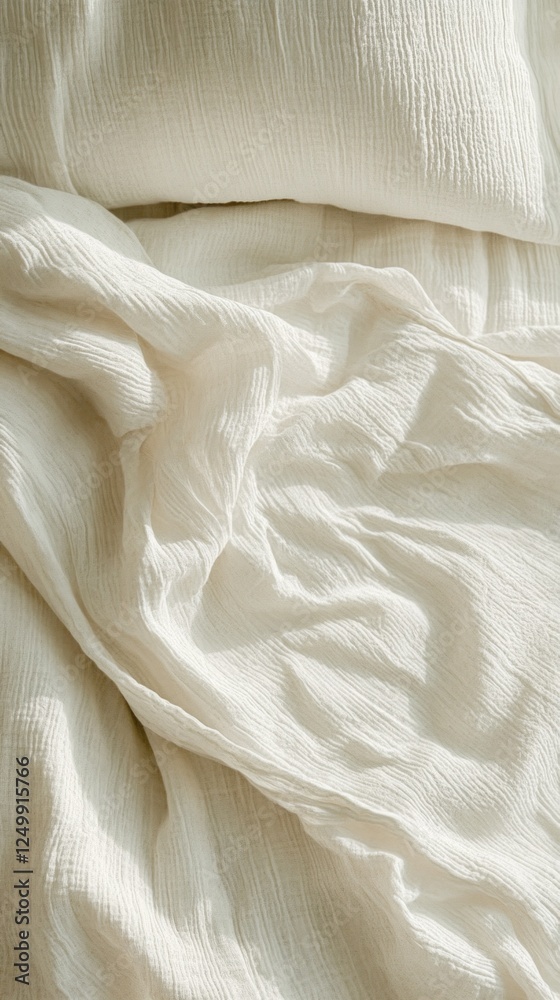 Poster stripes of white fabric blend with the soft hues of dawn light, casting delicate shadows across the 