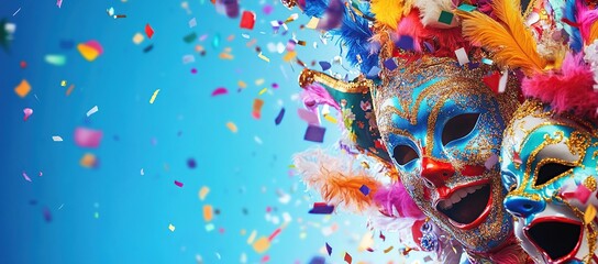 Fototapeta premium Vibrant Carnival Masks Dance with Confetti in Festive Celebration