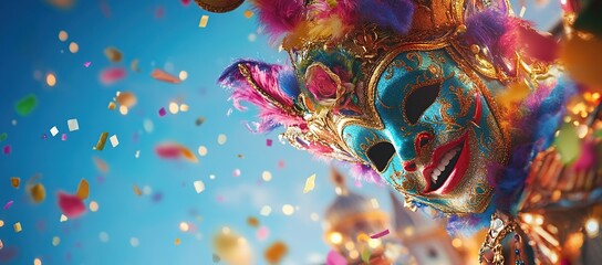 Vibrant Carnival Mask, Feathers, and Confetti Celebration: A Festive Display of Joyful Colors
