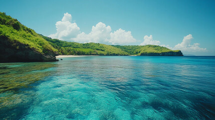 Unspoiled beaches with hidden gems, lush green hills, and crystal-clear waters create a tranquil escape. A modern, bright tone with a blurred background offers empty space for text or design.

