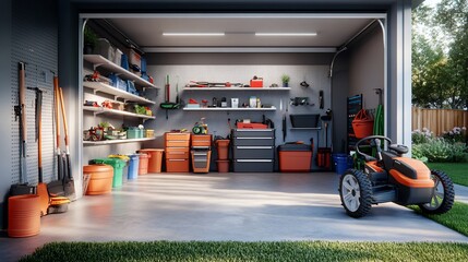 Organized garage interior with gardening tools, storage shelves, and lawnmower.
