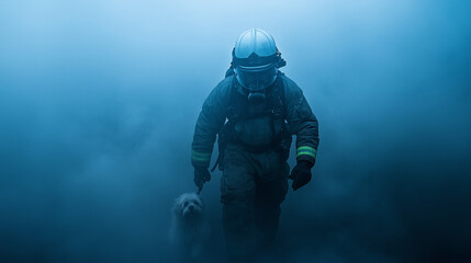 Fototapeta premium Firefighter in protective gear walks through smoke alongside rescue dog during an emergency operation in low visibility conditions generated AI rescuer