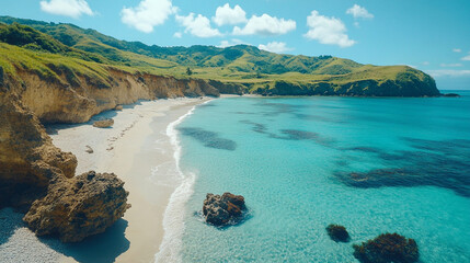 Unspoiled beaches with hidden gems, lush green hills, and crystal-clear waters create a tranquil escape. A modern, bright tone with a blurred background offers empty space for text or design.

