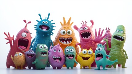 Obraz premium A whimsical depiction of a bacteria party, animated characters, joyful expressions, isolated on white background