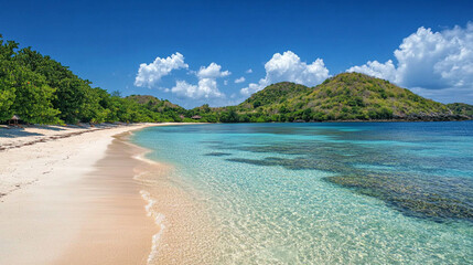 Unspoiled beaches with hidden gems, lush green hills, and crystal-clear waters create a tranquil escape. A modern, bright tone with a blurred background offers empty space for text or design.

