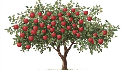 Fototapeta premium Abundant Red Apples on Tree, Orchard, Summer, White Background, Food Illustration