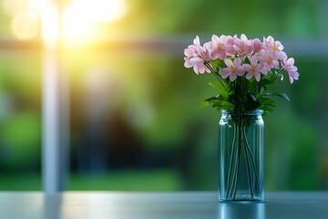 Pink flowers, glass vase, window, garden, sunlight, home decor