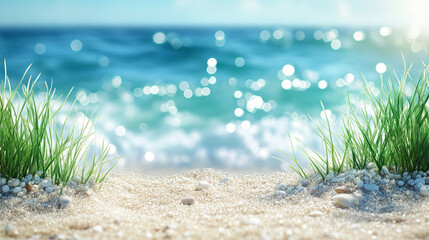 Unspoiled beaches with hidden gems, lush green hills, and crystal-clear waters create a tranquil escape. A modern, bright tone with a blurred background offers empty space for text or design.

