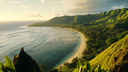 Unspoiled beaches with hidden gems, lush green hills, and crystal-clear waters create a tranquil escape. A modern, bright tone with a blurred background offers empty space for text or design.

