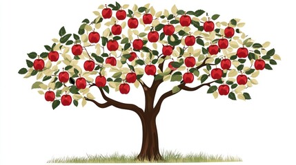 Fototapeta premium Abundant red apples on tree, white background, autumn harvest, healthy food