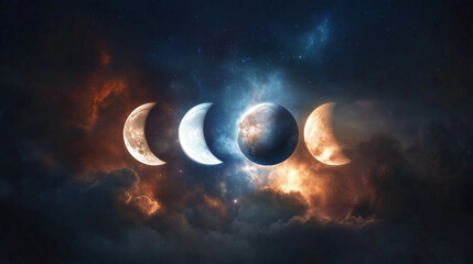 Celestial phases of the moon transition across a cosmic night sky filled with stars and ethereal clouds, representing harmony and the mysteries of the universe.
