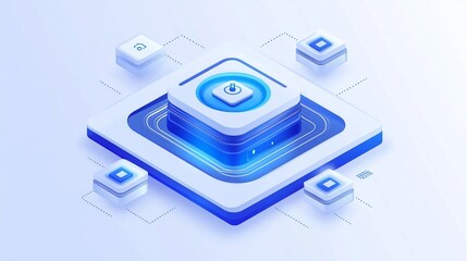 Fototapeta premium Isometric illustration of a central power button surrounded by interconnected data cubes, representing a network system or smart home technology.