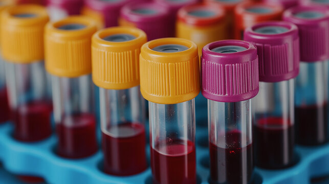 A set of vibrant and colorful blood collection tubes symbolizes medical diagnostics, scientific research, and healthcare innovation. The bright modern tone conveys precision, technology, and discovery