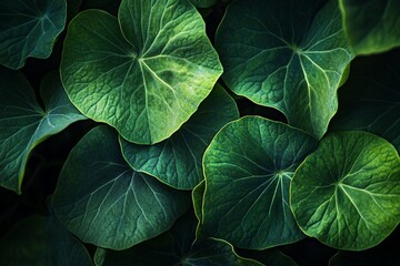 Lush green foliage background.  Close-up of large, vibrant leaves with intricate veins, creating a natural texture.