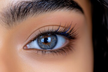 Fototapeta premium Close-up eye, blue lashes, beauty studio, skincare backdrop