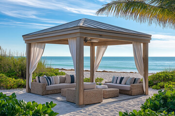 Fototapeta premium serene beach cabana with comfortable seating, surrounded by lush greenery and clear blue ocean. Perfect for relaxation and enjoying coastal view