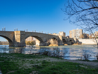 stone bridge over the Ebro river, in Zaragoza. Aragon. Spain