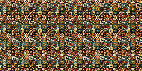 Abstract African art shapes seamless backgrounds, tribal geometric decoration patterns. Colored flat boho symbols illustrations	