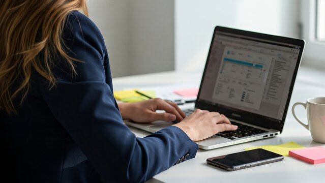 A woman in a blazer types on a laptop, surrounded by sticky notes and a smartphone, with a coffee cup nearby.