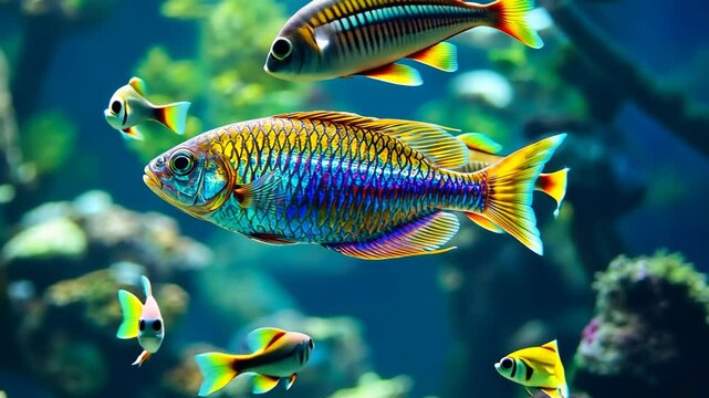 School of rainbowfish swimming in vibrant freshwater tank, dynamic lighting and lush plants, colorful patterns and professional high-resolution setup