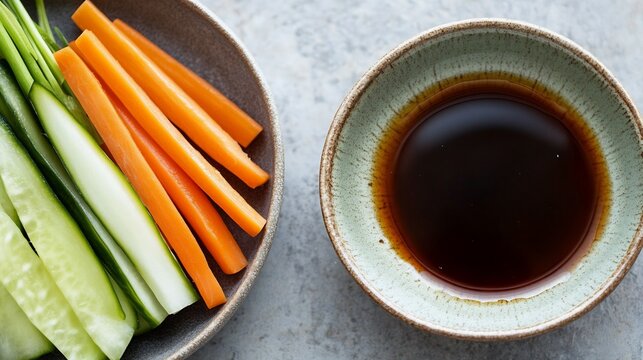 Top down view of Japanese tamari soy sauce served a dipping dish alongside sliced raw vegetables for a minimalist meal