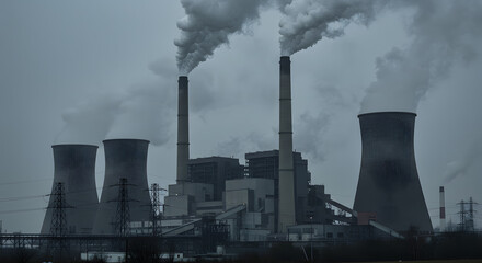 A coal‑fired power plant with towering smokestacks and extensive industrial infrastructure
