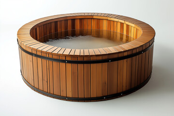 Wooden hot tub with circular design, featuring smooth surface and water. Ideal for relaxation and outdoor settings, showcasing natural wood texture and craftsmanship