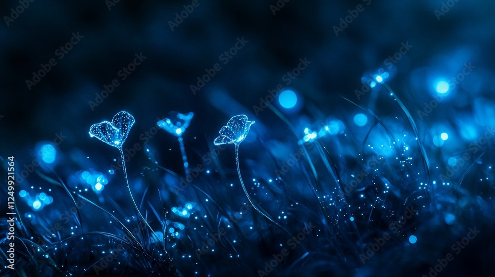 Sticker Glowing blue flowers illuminated in dark night.