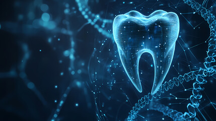 White tooth with digital grid overlay and dna strand. depicts technological advancements in dentistry.concept: digital dentistry, innovation, dental technology. Augmented Reality Worlds. Illustration