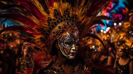 Fototapeta premium Carnival in Rio de Janeiro, a vibrant parade with dancers in dazzling feathered costumes adorned with sparkling gemstones, samba performers filling the street with rhythm and joy, colorful floats with