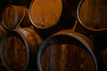 Visit of old caves with oak barrels, wine making on bodegas wineries on volcanic soils of Mount Teide in Tacoronte-Acentejo wine region on Tenerife, Canary islands vacation, Spain