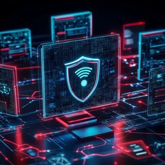 A digital network scene featuring a shield symbolizing cybersecurity, surrounded by glowing data circuits and protective elements.