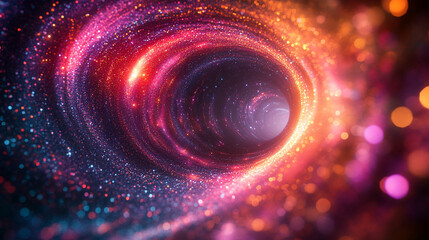 A vibrant digital vortex of particles and light swirls energetically, symbolizing futuristic technology, data flow, and dynamic energy in a colorful modern style with ample space for text.

