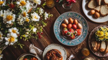 A vibrant Haft-Seen table with spring flowers and colorful eggs, symbolizing renewal and hope in Persian New Year traditions.
