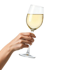 Girl hand holding white wine glass and toasting on transparent background