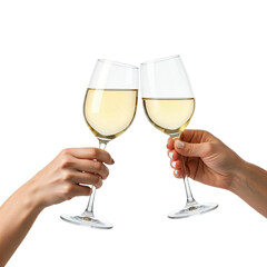 Set of girls hands holding white wine glass and toasting on transparent background