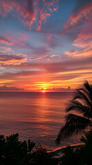 Beautiful Sunset Over Serene Coastal Landscape with Reflective Ocean and Silhouetted Shoreline