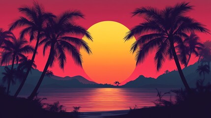 Obraz premium A vibrant sunset scene with palm trees silhouetted against a colorful sky, reflecting on calm waters, creating a serene tropical atmosphere.