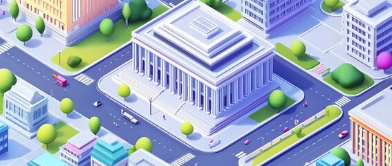Isometric view of a city block with a large building at the center, surrounded by smaller buildings, trees, and roads.