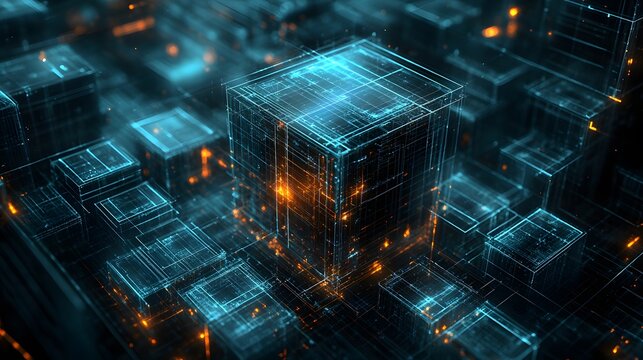 Isometric grid layout of a complex diagram clean l 24311b85-a11e-45a0-aaff-9c068c7a0437 1 featuring a 3d cube with glowing lights