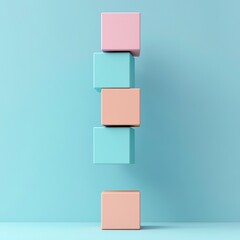 Fototapeta premium A vertical stack of pastel-colored cubes against a soft blue background, symbolizing balance and creativity.
