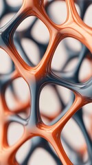A close-up view of an intricate, abstract structure featuring interwoven shapes in orange and blue tones.