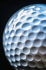 Close-up of a golf ball's dimpled surface, showcasing texture and light reflection.