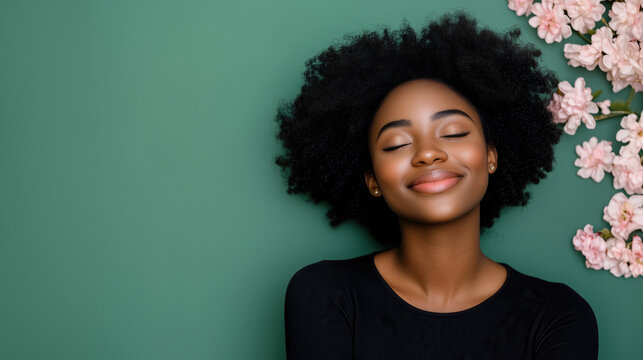Serene young black woman with closed eyes and curly hair lies peacefully against a green background, adorned with delicate pink flowers, embracing tranquility and self-care