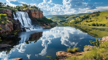 Fototapeta premium Waterfall reflecting clouds, tranquil lake, hills, nature scene, travel poster