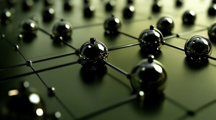 Abstract network of metallic spheres connected by lines on a dark green surface.