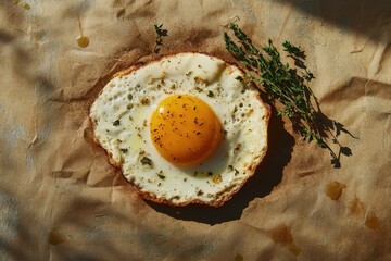 Sunny side up egg seasoned with herbs on paper
