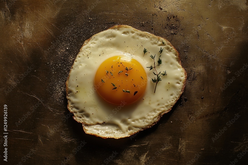 Canvas Prints Sunny side up egg with thyme on rustic surface