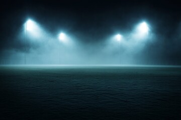 Foggy night scene at a sports field illuminated by bright stadium lights.