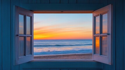 Open window reveals stunning ocean sunset view
